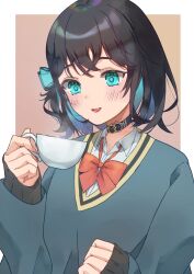 Rule 34 | 1girl, aqua bow, aqua eyes, aqua hair, black choker, black hair, blue sweater, blush, border, bow, bowtie, brown background, cat choker, choker, collared shirt, colored inner hair, commentary request, cup, go onnu, gradient background, gradient hair, hair bow, hand up, highres, holding, holding cup, hot drink, long sleeves, looking at object, loose bowtie, medium hair, miyamai moca, multicolored hair, open mouth, outside border, red bow, red bowtie, shirt, smile, solo, steam, sweater, teacup, upper body, voicepeak, wavy hair, white border, white shirt