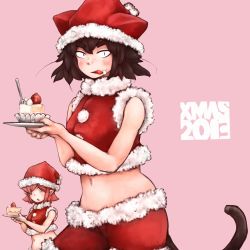 Rule 34 | 10s, 2013, 2girls, animal ears, black hair, cake, cat ears, cat tail, christmas, cream, cream on face, crop top, eyebrows, food, food on face, fork, freckles, fruit, hair over one eye, hat, highres, licking, midriff, multiple girls, original, pink hair, san mamiya, santa costume, santa hat, shorts, sleeveless, slit pupils, solo focus, strawberry, tail, thick eyebrows