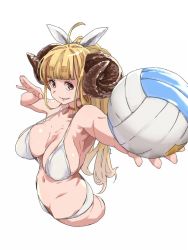 Rule 34 | 10s, 1girl, anila (granblue fantasy), bad id, bad twitter id, ball, beach volleyball, bikini, blonde hair, cropped legs, draph, granblue fantasy, holding, holding ball, horns, long hair, looking at viewer, playing sports, solo, swimsuit, uno ichi, upper body, volleyball, volleyball (object)