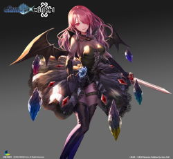 Rule 34 | 10s, 1girl, bad id, bad pixiv id, bat wings, chain chronicle, female focus, grey background, hair over one eye, holding, jname, kristell, long hair, looking at viewer, mabinogi, pink eyes, pink hair, solo, stone, succubus (mabinogi), sword, weapon, wings