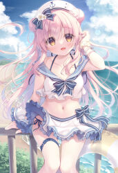 1girl :d anchor_symbol beret bikini bikini_under_clothes blue_bikini blue_bow blue_sailor_collar blue_sky blush bow braid brown_eyes cloud cloudy_sky commentary_request day double_bun flower frilled_skirt frills hair_between_eyes hair_bun hand_up hat horizon innertube long_hair navel ocean off_shoulder open_mouth original outdoors pink_hair railing sailor_collar shirt side-tie_bikini_bottom skirt sky smile solo swim_ring swimsuit very_long_hair water white_flower white_hat white_shirt white_skirt yukie_(peach_candy)