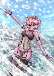 Rule 34 | 10s, 1girl, adsouto, arm garter, arm up, artist name, ashido mina, bare shoulders, black sclera, boku no hero academia, bow, bow panties, breasts, collarbone, colored sclera, colored skin, corset, cowboy shot, day, garter straps, gluteal fold, hair between eyes, halterneck, highres, hip focus, horns, lingerie, looking at viewer, medium breasts, medium hair, open mouth, outdoors, outstretched arms, panties, purple hair, purple skin, shiny skin, smile, solo, splashing, spread arms, spread fingers, teeth, thighhighs, underwear, underwear only, upper teeth only, v-shaped eyebrows, water, watermark, wet, yellow eyes