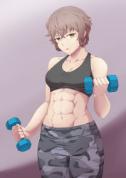 Rule 34 | 1girl, abs, absurdres, amane suzuha, artist request, braid, brown hair, camouflage, camouflage pants, collarbone, exercising, green eyes, highres, looking at viewer, midriff, muscular, navel, open mouth, pants, purple background, short hair, sports bra, thealagator, twin braids, weights