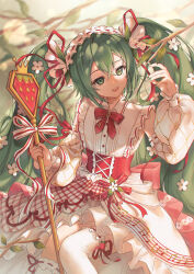 Rule 34 | 1girl, :d, bow, bowtie, corset, detached sleeves, dress, flower, frilled dress, frills, green eyes, green hair, green nails, hair flower, hair ornament, hatsune miku, high-low skirt, highres, ichita (yixisama-shihaohaizhi), long hair, long sleeves, maid headdress, musical note, musical note print, nail polish, open mouth, puffy long sleeves, puffy sleeves, red bow, red bowtie, red ribbon, ribbon, smile, solo, strawberry miku (morikura), thighhighs, twintails, very long hair, vocaloid, white thighhighs