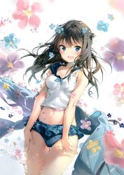 Rule 34 | 1girl, :d, absurdres, anmi, bare shoulders, blue eyes, blush, breasts, brown hair, cleavage, collarbone, cowboy shot, flower, frills, hair flower, hair ornament, highres, long hair, looking at viewer, midriff, navel, open mouth, original, sailor collar, scan, sleeveless, smile, solo, sparkle, thigh gap, water