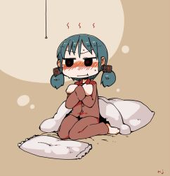 Rule 34 | 1girl, :t, @ @, blanket, blue hair, blush, embarrassed, cube hair ornament, hair ornament, masha, naganohara mio, nichijou, on bed, pajamas, pillow, short hair, short twintails, sitting, solo, twintails, wariza