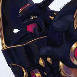 Rule 34 | alphamon, armor, black armor, digimon, digimon (creature), gem, helmet, horns, kira (kira dra), looking at viewer, no humans, puff of air, reaching, reaching towards viewer, red gemstone, shoulder armor, sigh, simple background, solo, twitter username, upper body, white background, yellow eyes
