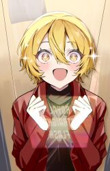 Rule 34 | 1girl, backwards text, black shirt, blonde hair, coat, don quixote (project moon), english text, excited, highres, limbus company, long sleeves, mu46016419, open mouth, project moon, red coat, shirt, solo, sparkle, sparkling eyes, upper body, yellow eyes
