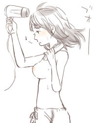 Rule 34 | 1girl, ahoge, bisuke (bisco), blush, breasts, brush, floating hair, from side, hair dryer, hatomugi (mugicha), idolmaster, large breasts, monochrome, musical note, nipples, profile, short hair, simple background, solo, topless, white background, wind