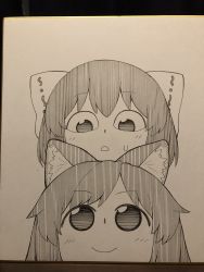 Rule 34 | aged down, animal ear fluff, animal ears, bow, closed mouth, greyscale, hair bow, highres, imaizumi kagerou, looking at another, looking down, looking up, marker (medium), monochrome, parted lips, photo (medium), poronegi, sekibanki, short hair, smile, sweatdrop, touhou, traditional media, wolf ears