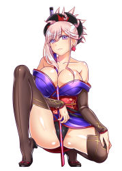 Rule 34 | 1girl, asymmetrical hair, bare shoulders, between breasts, black thighhighs, blue eyes, blue kimono, blush, breasts, cleavage, closed mouth, collarbone, detached sleeves, earrings, fate/grand order, fate (series), hair ornament, japanese clothes, jewelry, katana, kimono, knee up, large breasts, legs, long hair, looking at viewer, miyamoto musashi (fate), miyamoto musashi (first ascension) (fate), obi, off shoulder, pink hair, ponytail, sandals, sash, sheath, sheathed, short kimono, simple background, sleeveless, sleeveless kimono, smile, solo, squatting, sword, thighhighs, thighs, weapon, white background, yakisobapan tarou &amp; negitoro-ko