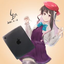 Rule 34 | 1girl, artist logo, beret, black hair, blazer, commentary request, cowboy shot, dated, dress, grey thighhighs, hairband, halterneck, hat, highres, ipad, jacket, kantai collection, ld (luna dial398), long hair, looking at viewer, multicolored hair, naganami (kancolle), naganami kai ni (kancolle), orange background, pink hair, pleated dress, purple dress, red headwear, smile, solo, stylus, tablet pc, thighhighs, two-tone hair, wavy hair, white hairband