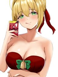 Rule 34 | 1girl, ahoge, bare shoulders, bell, bikini, blonde hair, blush, braid, breasts, christmas, cleavage, collarbone, condom box, fate/extra, fate (series), french braid, green eyes, hair bun, hair intakes, highres, huge filesize, jingle bell, large breasts, licking lips, long hair, looking at viewer, nero claudius (fate), nero claudius (fate) (all), nero claudius (fate/extra), okamoto condoms, red bikini, red ribbon, ribbon, shokan (pixiv61462319), simple background, single hair bun, smile, swimsuit, tongue, tongue out, white background