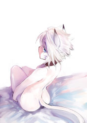 Rule 34 | 00s, 1girl, animal ears, ass, blue eyes, cat ears, cat girl, cat tail, doraeshi, female focus, final fantasy, final fantasy xi, from behind, highres, looking back, mithra (ff11), nude, on bed, sitting, solo, tail, white hair