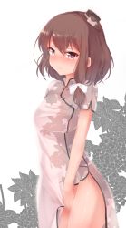 Rule 34 | 1girl, absurdres, bad id, bad pixiv id, blush, bow, breasts, brown hair, china dress, chinese clothes, clothes pull, covering privates, covering crotch, cowboy shot, dress, dress pull, embarrassed, floral background, floral print, hair bow, hat, hat bow, highres, looking at viewer, mini hat, no panties, pink eyes, see-through, septet (zrca janne), short hair, short sleeves, side slit, small breasts, solo, taut clothes, taut dress, thighs, touhou, usami renko, white background