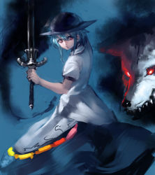 Rule 34 | 1girl, black hat, blouse, blue background, blue hair, blue skirt, closed mouth, hat, hinanawi tenshi, holding, holding sword, holding weapon, inishie kumo, pink eyes, puffy short sleeves, puffy sleeves, shirt, short sleeves, skirt, solo, standing, sword, touhou, weapon, white shirt, wolf