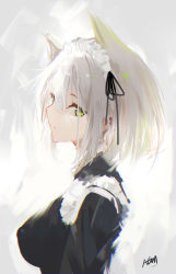 Rule 34 | 1girl, absurdres, alternate costume, animal ears, arknights, breasts, cat ears, closed mouth, commentary request, green eyes, highres, huge filesize, kal&#039;tsit (arknights), looking at viewer, maid, maid headdress, omone hokoma agm, profile, short hair, sidelocks, signature, silver hair, solo, upper body