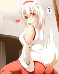 Rule 34 | 1girl, ?, animal ears, ass, bad id, bad pixiv id, bare shoulders, blush, breasts, detached sleeves, artistic error, hajime (ak-r), hat, heart, inubashiri momiji, large breasts, red eyes, revision, short hair, sitting, skirt, smile, solo, spoken question mark, tail, tareme, tokin hat, touhou, wariza, white hair, wolf ears, wolf tail