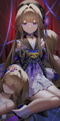 3girls absurdres bare_shoulders black_hat black_jacket brown_hair chain choker closed_mouth clothing_cutout collarbone commentary curtains doll doll_joints dress flower hair_between_eyes hair_intakes hand_on_another&#039;s_head hat hat_flower herta_(honkai:_star_rail) highres honkai:_star_rail honkai_(series) jacket jewelry joints key key_necklace long_hair looking_at_viewer multiple_girls multiple_persona necklace purple_choker purple_eyes purple_flower purple_nails shaded_face shoulder_cutout sitting very_long_hair white_dress yuujin_(yuzinn333)