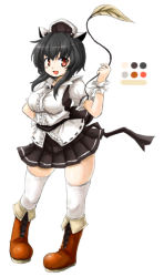 Rule 34 | &gt;:d, 1girl, :d, animal ears, black hair, blouse, blush, boots, breasts, brown footwear, cat ears, collared shirt, cross-laced footwear, frilled shirt collar, frills, full body, hand on own hip, headpiece, himeka (estacion), huyusilver, knee boots, lace-up boots, laced shoes, large breasts, leaf, miniskirt, mrs. estacion, mrs. estacion (game), open mouth, parody, pigeon-toed, pleated skirt, puffy sleeves, red eyes, shirt, short sleeves, sidelocks, simple background, skirt, smile, solo, style parody, thighhighs, v-shaped eyebrows, vest, white background, white thighhighs, wrist cuffs, zettai ryouiki, zun (style)