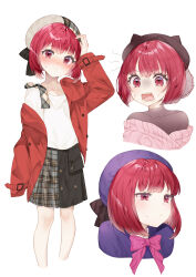 Rule 34 | 1girl, absurdres, angry, arima kana, beret, black ribbon, blue headwear, blue jacket, blush, bow, collarbone, collared shirt, commentary request, expressions, hat, hat ribbon, highres, jacket, off shoulder, oshi no ko, pink bow, pout, red eyes, red hair, red jacket, ribbon, school uniform, shirt, short hair, simple background, sumisumire00, sweatdrop, white background, white shirt, youtou high school uniform