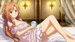 Rule 34 | 1girl, asuna (sao), bare legs, bed sheet, braid, breasts, brown eyes, brown hair, candelabra, candlestand, cleavage, closed mouth, curtains, dress, game cg, hair ribbon, highres, indoors, layered dress, long hair, looking at viewer, medium breasts, multicolored clothes, multicolored dress, off-shoulder dress, off shoulder, official art, pillow, pink dress, pink ribbon, pink sleeves, ribbon, short dress, short sleeves, sleepwear, smile, solo, sword art online, sword art online last recollection, very long hair, wallpaper, white dress