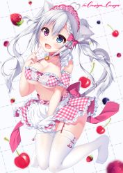 Rule 34 | 1girl, :d, absurdres, ahoge, animal ears, apron, bare shoulders, bell, blue eyes, blueberry, blush, breasts, cat ears, cat girl, cat tail, cherry, cleavage, collar, collarbone, commentary request, detached sleeves, fang, food, food on hand, frilled apron, frilled skirt, frills, fruit, garter straps, gingham, hair between eyes, head tilt, heart, heart ahoge, heterochromia, highres, jingle bell, komiya hitoma, large breasts, long hair, looking at viewer, maid, navel, neck bell, no shoes, open mouth, original, pink collar, pleated skirt, puffy short sleeves, puffy sleeves, purple eyes, raspberry, short sleeves, silver hair, skirt, smile, solo, strawberry, tail, tail raised, thighhighs, twintails, twitter username, very long hair, waist apron, white apron, white thighhighs