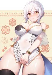 Rule 34 | 1girl, bare shoulders, black thighhighs, blush, borrowed character, bracelet, breasts, china dress, chinese clothes, cleavage cutout, closed mouth, clothing cutout, commentary request, covered erect nipples, covered navel, dress, dress tug, gold trim, highres, jewelry, kakerayuri, large breasts, looking at viewer, original, print dress, sleeveless, sleeveless dress, solo, thighhighs, white dress, white hair, yellow eyes