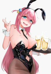 Rule 34 | 1girl, absurdres, alcohol, animal ears, beer, beer mug, between breasts, black necktie, black pantyhose, blue eyes, blush, bocchi the rock!, breasts, clothing cutout, cube hair ornament, cup, detached collar, embarrassed, gotoh hitori, hair ornament, highres, large breasts, leotard, long hair, mug, navel cutout, necktie, necktie between breasts, nose blush, one side up, pantyhose, pink hair, playboy bunny, rabbit ears, simple background, solo, sugoiesisan1, tray, white background, wrist cuffs
