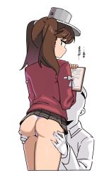 Rule 34 | 1boy, 1girl, absurdres, admiral (kancolle), ass, ass grab, blush, brown hair, clothes lift, hat, hetero, highres, jacket, kantai collection, long hair, panties, pleated skirt, red jacket, ryuujou (kancolle), simple background, sketch, skirt, skirt lift, sleepy frippy, sweatdrop, twintails, underwear, visor cap, white background, white panties