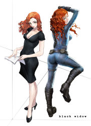 Rule 34 | 1girl, arms up, ass, belt, black dress, black widow, black widow (marvel), bodysuit, boots, breasts, character name, cleavage, dress, dual persona, female focus, full body, green eyes, high heels, highres, kawasemi, long hair, looking back, marvel, multiple views, natasha romanoff, paper, red hair, shoes, wavy hair, white background