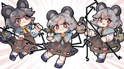 Rule 34 | 1girl, animal ears, bishamonten&#039;s pagoda, black dress, black footwear, blue capelet, blush, capelet, closed mouth, dowsing rod, dress, emphasis lines, grey hair, holding, jewelry, long sleeves, mame komari, mouse ears, mouse tail, multiple views, nazrin, open mouth, pendant, red eyes, shoes, short hair, signature, smile, socks, tail, touhou, undefined fantastic object, unfinished dream of all living ghost, white socks