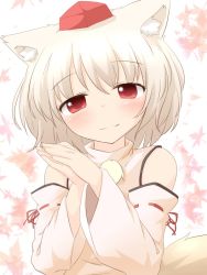 Rule 34 | 1girl, animal ears, bare shoulders, blush, detached sleeves, fang, female focus, hat, inubashiri momiji, looking at viewer, natsu no koucha, own hands together, short hair, smile, solo, tail, tokin hat, touhou, upper body, white hair, wolf ears, wolf tail