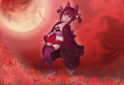 Rule 34 | 1girl, akagi-chan (azur lane), animal ears, azur lane, bell, black kimono, black thighhighs, brown hair, flower, fox ears, fox girl, fox tail, full moon, hair bell, hair ornament, huge moon, japanese clothes, kimono, moon, multiple tails, mutsuki shougatsu, night, night sky, open mouth, outdoors, petals, platform footwear, pleated skirt, red clouds, red eyes, red flower, red skirt, ribbon-trimmed kimono, sandals, short hair, skirt, sky, smile, solo, spider lily, tail, thighhighs, twintails, wide sleeves, zettai ryouiki