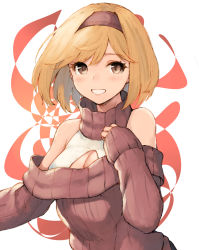 Rule 34 | 1girl, bad id, bad pixiv id, blonde hair, breasts, brown eyes, cleavage, cleavage cutout, clothing cutout, detached collar, djeeta (granblue fantasy), granblue fantasy, hairband, highres, koretsuki azuma, long sleeves, looking at viewer, medium breasts, off-shoulder, off-shoulder sweater, off shoulder, open mouth, ribbed sweater, short hair, smile, solo, sweater, upper body