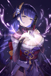 1girl absurdres braid breasts bridal_gauntlets cleavage electricity flower genshin_impact hair_ornament hands_on_own_chest heart highres human_scabbard japanese_clothes kimono large_breasts long_hair long_sleeves looking_at_viewer mitsudomoe_(shape) mole mole_under_eye open_mouth parted_lips purple_eyes purple_flower purple_hair raiden_shogun ribbon sash simple_background solo sukaliya sword tassel tomoe_(symbol) weapon wide_sleeves