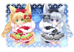 Rule 34 | 2girls, :d, :o, animal ear fluff, animal ears, bell, black bow, black capelet, black footwear, blonde hair, blush, bow, capelet, chibi, christmas, commentary request, fang, fox ears, fox girl, fox tail, fur-trimmed capelet, fur-trimmed sleeves, fur trim, green eyes, green hairband, green skirt, grey hairband, grey skirt, hair between eyes, hair bow, hairband, holding, holding sack, long hair, long sleeves, looking at viewer, merry christmas, multiple girls, open mouth, original, parted lips, purple eyes, red bow, red capelet, red footwear, sack, shikito (yawa0w0), side ponytail, silver hair, skirt, smile, socks, star (symbol), tail, very long hair, white legwear