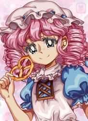 Rule 34 | 1990s (style), 1girl, absurdres, apron, blue dress, blue eyes, blue ribbon, curly hair, dress, drill hair, facing viewer, food, freckles, frills, hat, highres, holding, holding food, light smile, little goody two shoes, muffy (little goody two shoes), pastel colors, pink background, pink hair, portrait, pretzel, puffy short sleeves, puffy sleeves, remyfive, retro artstyle, ribbon, short sleeves, smug, solo, thick eyebrows, watercolor background, watermark, white apron, white hat