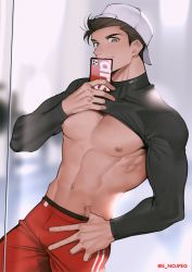 Rule 34 | abs, backwards hat, baseball cap, blurry, blurry background, brown eyes, brown hair, cellphone, cowboy shot, dotsuco, hair slicked back, hand on own hip, hand up, hat, highres, holding, holding phone, male focus, male underwear, mirror, navel, nipples, original, pants, pectorals, phone, red pants, reflection, short hair, shrug (clothing), smartphone, smile, solo, sportswear, taking picture, toned, toned male, turtleneck, underwear, white hat