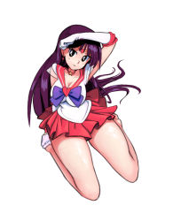 Rule 34 | 1girl, bare legs, bishoujo senshi sailor moon, black eyes, breasts, cleavage, colored skin, female focus, highres, hino rei, kneeling, large breasts, long hair, looking at viewer, looking up, purple hair, red skirt, sailor mars, sailor senshi uniform, shiny skin, simx, sitting, skirt, smile, solo, thick thighs, thighs, white background, white skin, wide hips