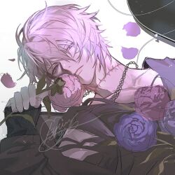 Rule 34 | black gloves, blue eyes, chain, chain necklace, expressionless, falling petals, fingerless gloves, flower, gloves, granblue fantasy, hair between eyes, holding, holding flower, jacket, jewelry, korean commentary, light frown, light particles, looking to the side, lucilius (granblue fantasy), male focus, messy hair, necklace, official alternate costume, petals, scar, scar on neck, shirt, signature, stitches, torn clothes, torn shirt, wago, white background, white hair
