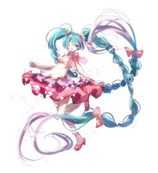 Rule 34 | 1girl, apron, aqua eyes, aqua hair, bandaid, bandaid on knee, bandaid on leg, bare shoulders, bow, bowtie, braid, colored tips, commentary, dress, frilled bowtie, frilled dress, frills, full body, hair bow, hatsune miku, kneehighs, leg up, long hair, mary janes, multicolored hair, one eye closed, open mouth, pink bow, pink bowtie, pink dress, pink footwear, pink hair, shoes, short dress, sleeveless, sleeveless dress, smile, socks, solo, twin braids, twintails, twitter username, very long hair, vocaloid, white apron, white background, white socks, xing bi