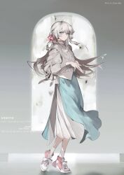 Rule 34 | 1girl, absurdres, ahoge, blue skirt, bow, closed mouth, full body, grey background, grey eyes, grey hair, grey sweater, hair bow, hair ribbon, highres, long hair, long skirt, long sleeves, looking at viewer, meisho mikaku, original, own hands together, pink bow, pink footwear, ribbon, see-through, shirt, shoes, skirt, sneakers, socks, solo, standing, sweater, twitter username, white socks