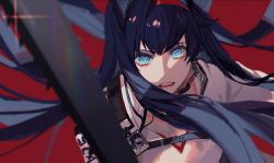 Rule 34 | 1girl, absurdres, animal ears, arknights, black hair, blaze (arknights), blue eyes, breasts, cat ears, hairband, highres, long hair, looking at viewer, open mouth, pinlin, red background, red hairband, solo, teeth, very long hair