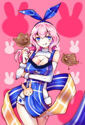 Rule 34 | 1girl, alternate costume, bird, blue eyes, blush, breasts, chocolate, cleavage, cleavage cutout, clothing cutout, detached sleeves, hair ribbon, hairband, highres, jessica (artist), large breasts, licking lips, meme attire, open-chest sweater, personification, pink hair, ponytail, ranger (warship girls r), ribbed sweater, ribbon, skirt, smile, solo, sweater, tongue, tongue out, warship girls r