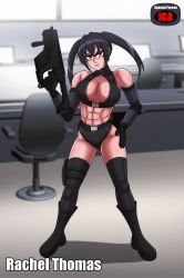 Rule 34 | &gt;:(, 1girl, abs, absurdres, adapted uniform, belt, black footwear, black hair, black thighhighs, boots, breasts, character name, cleavage, cleavage cutout, clothing cutout, elbow gloves, elbow pads, english text, full body, gloves, gun, hand on own hip, highleg, highres, holding, holding gun, holding weapon, midriff, military, military uniform, original, rachel thomas, rifle, shiny skin, sidelocks, solo, thighhighs, thighhighs under boots, thighs, tight clothes, twintails, uniform, weapon, yellow eyes