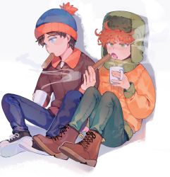 Rule 34 | 2boys, beanie, black hair, blue eyes, boots, brown footwear, child, churro, converse, crispyfrites, cup, fingernails, food in mouth, green eyes, green headwear, hat, highres, jacket, kyle broflovski, male focus, multiple boys, open mouth, orange jacket, pants, red hair, shoelaces, shoes, sitting, sneakers, south park, stan marsh, two-tone footwear, white background