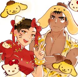 Rule 34 | 1boy, 1girl, :3, absurdres, alternate color, animal ears, beret, black hair, blush, bow, bracelet, brown eyes, brown hair, brown headwear, bun cover, capcom, cat, character hair ornament, character print, china dress, chinese clothes, chun-li, crossed arms, crossover, dog, dog ears, double bun, dougi, drawn whiskers, dress, earrings, hair bow, hair bun, hair ornament, hat, hello kitty, hello kitty (character), highres, jewelry, mango (mgosketches), muscular, muscular male, open mouth, pectoral cleavage, pectorals, pompompurin, puffy short sleeves, puffy sleeves, red bow, ryu (street fighter), sanrio, short sleeves, smile, spiked bracelet, spikes, street fighter, sweatdrop, tan, teeth, twitter username, upper teeth only, v, white background