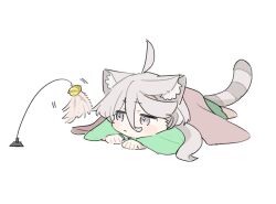 Rule 34 | 1girl, ahoge, animal ear fluff, animal ears, blanket, cat ears, cat tail, cat teaser, chibi, closed mouth, commentary, full body, grey eyes, grey hair, gundam, gundam suisei no majo, hair between eyes, hamu (hamusand), highres, kemonomimi mode, long hair, long sleeves, lying, miorine rembran, on stomach, simple background, solo, swept bangs, symbol-only commentary, tail, under covers, white background