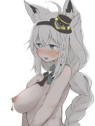 Rule 34 | 1girl, ahoge, alternate breast size, animal ears, blush, bow, braid, breasts, female focus, fox ears, fox girl, from side, green eyes, grey hair, hairband, hat, highres, hololive, large breasts, long hair, looking to the side, matarou (matarou072), mini hat, nipple piercing, nipples, open mouth, piercing, shirakami fubuki, solo, sweat, topless, upper body, virtual youtuber, white background